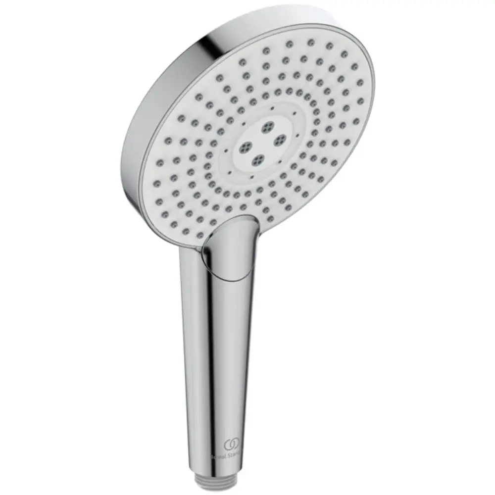 Chromfarbener Duschkopf von Ideal Standard mit mehreren Düsen zur Anpassung des Wasserstrahls. Rundes Design mit einer glatten Oberfläche.